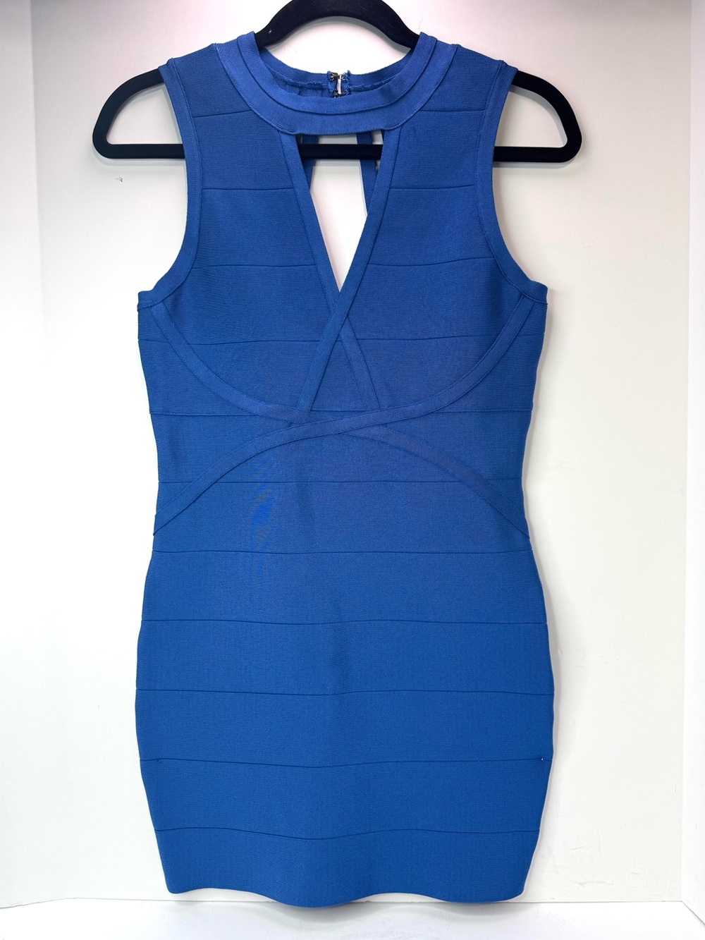 NWT Bebe Patsy Blue Bandage Bodycon Mini Dress Open Strappy Back Size M